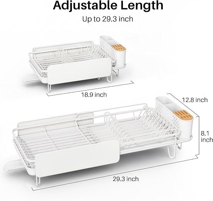 SNTD Large Dish Drying Rack for Kitchen Counter, Expandable, White | Stainless Steel Dish Drainer, Adjustable Length 18.9''-29.3'', Automatic Drainage, 360° Spout, Cutlery Holder with Knife Slot