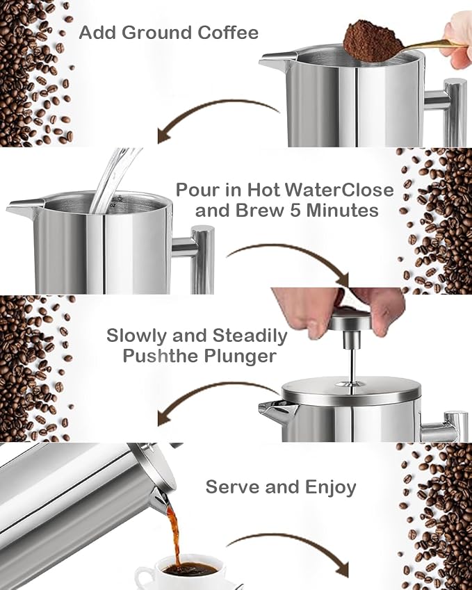 French Press Coffee Maker, Stainless Steel, Silver, 17 OZ | with scale lines，2 Extra Filters