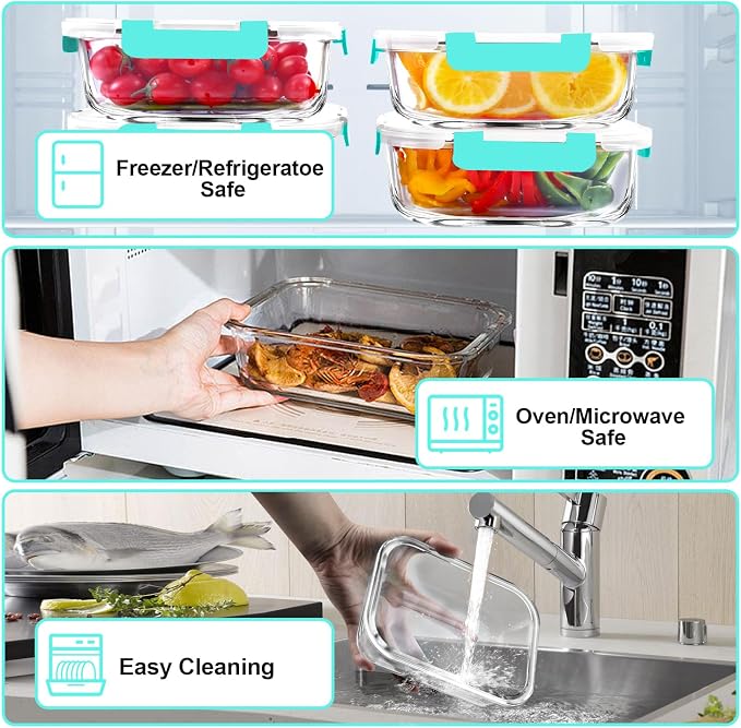 VERONES 5 PACK 36 OZ Glass Meal Prep Containers Set with Lids, Green | Airtight Glass Lunch Containers Set, Food Storage Containers with Lids, for Microwave, Oven, Freezer & Dishwasher Friendly