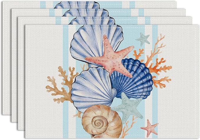 Sea Shell Starfish Beach Placemats Set of 4, Indoor Party Decoration | Seasonal Spring Summer Ocean Coastal Washable Linen Nautical Table Mats, Shell Place Mats Birthday Christmas Festivals