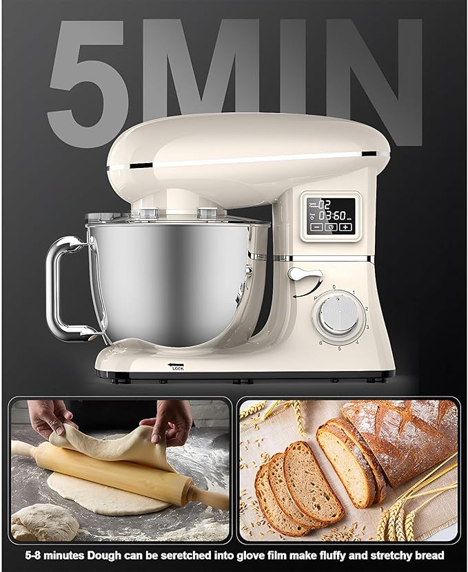 Stand Mixer with LED Display & Timer 6.5QT Stainless Steel Bowl, 1350W 6-Speeds Electric Kitchen Stand Up Mixer for Baking Cakes Cookie Bread Salad Food with Egg Whisk, Dough Hook, Beater - White