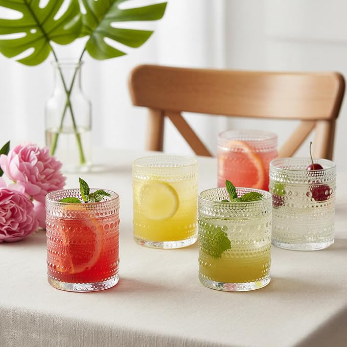 Moretoes Hobnail Drinking Glasses Set of 12 | Cocktail Glasses Vintage Glassware, Textured Glass Cups Bubble Glasses Water Glasses Old Fashion Jupiter Glasses Set (Clear)