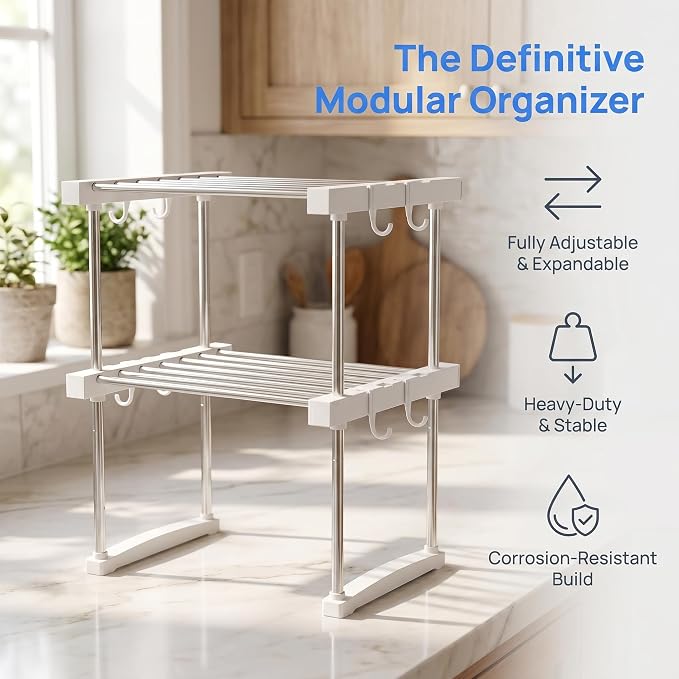 BLULEE Expandable Under Sink Organizer, No-Drill Adjustable Shelf | Custom fit around pipes cabinet rack for bathroom vanity and kitchen pantry, supporting heavy laundry supplies.