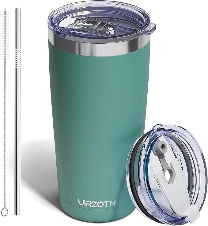 20oz Travel Coffee Tumbler with 2 Lids and Straw, Stainless Steel | Double Wall Vacuum Insulated Tumbler, Coffee Mug for Hot & Cold Drinks, Fits Most Car Cup Holders, Sage
