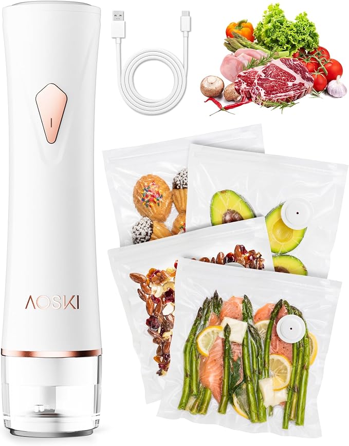 Handheld Vacuum Sealer for Food with Visible Liquid Tank | Compact Powerful Food Vacuum Sealer Machine with 10 Reusable Bags, Seal Meal Saver, Portable & Wireless, White