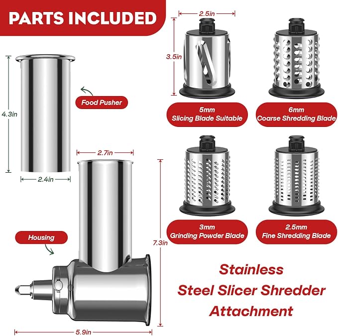 GVODE Stainless Steel Slicer Shredder Attachment for KitchenAid Mixer | Cheese Grater Attachment for KitchenAid Stand Mixer, Grinding Powder, Salad Maker with 4 Blades