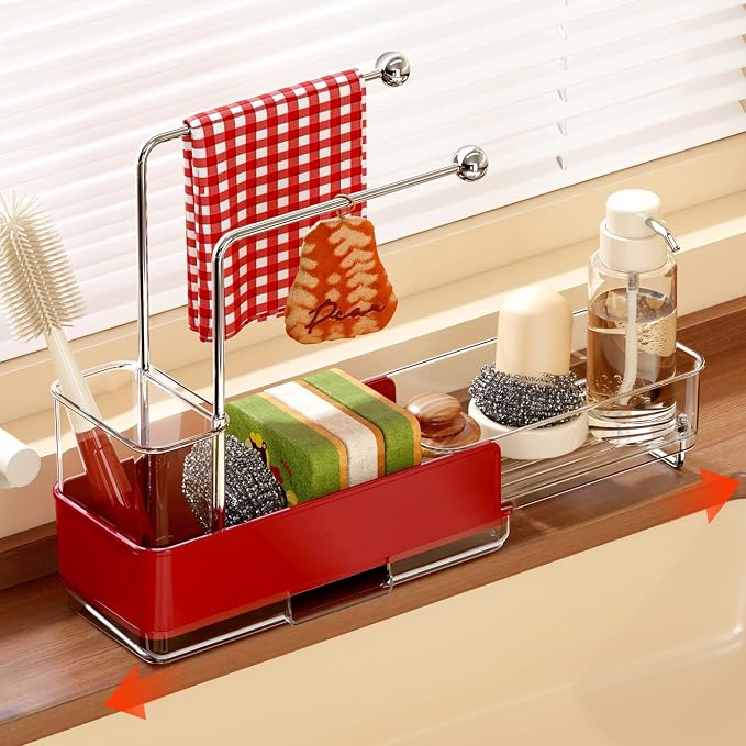Expandable Kitchen Sink Caddy 25-38cm, 360° Rotating Sponge Holder & Brush | Red, large, stretchable 25-38cm. Side brush holder, triple drainage, rust-proof. Ideal for sponge & kitchen sink accessories.
