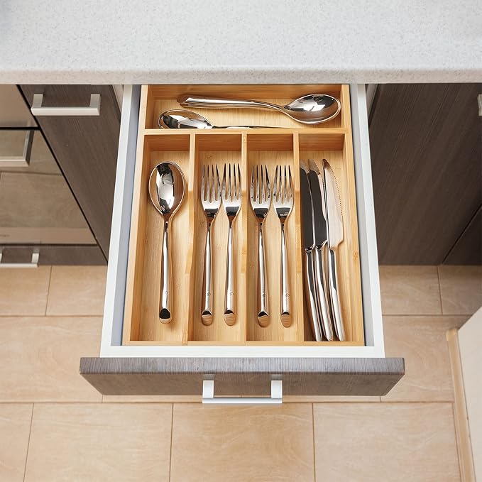 Kitchen Drawer Organizer, 10 Inch Silverware Utensil Tray Holder, Extra Deep, with Non-Slip Feet & Grooved Drawer Divider, 5 Slots Total Bamboo Wood Caddy for Flatware Cutlery Knives
