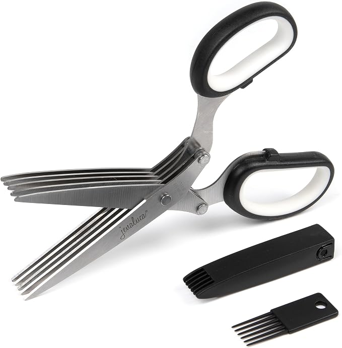 5-Blade Herb Scissors, Stainless Steel Kitchen Shears, Black | Cut & chop fresh herbs & leafy greens efficiently. Perfect salad scissors. Includes cleaning comb & safety cover.