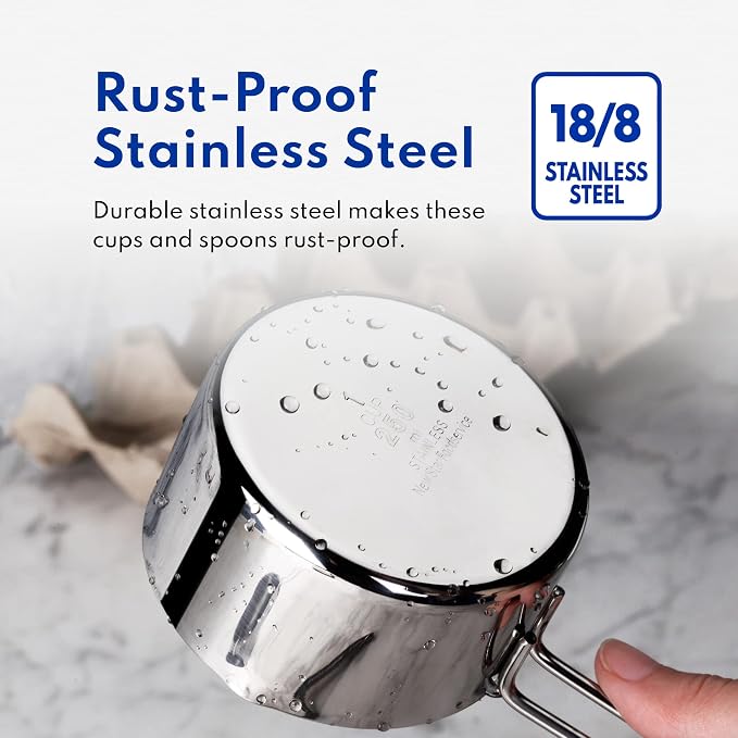 New Star Foodservice 42917 Stainless Steel Measuring Cups and Spoons Set, 8-Piece Metal Measuring Set for Baking, Cooking, Dry and Liquid Ingredients, Restaurant Grade, Silver