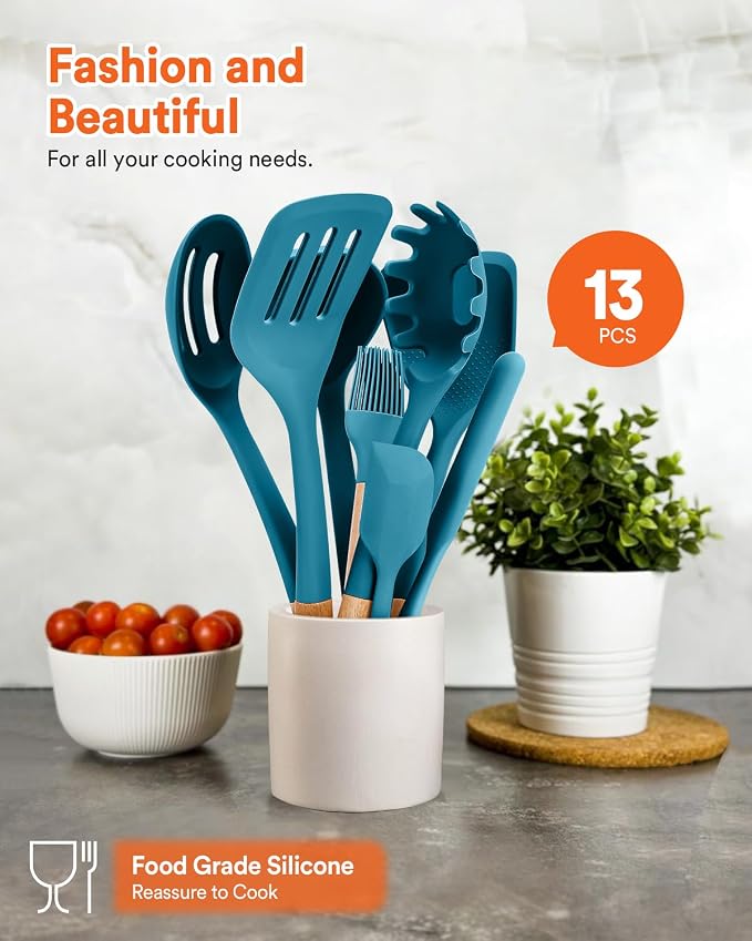 13PCS Silicone Kitchen Utensils Set for Nonstick Cookware, Blue | Food Grade, Heat Resistant Kitchen Utensil Spatula Set, Wooden Handles Kitchen Gadgets Tools Set