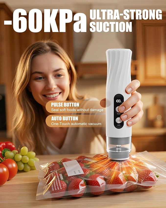 RIWUSI Food Vacuum Sealer Machine, 60kPa Powerful Handheld Vacuum Sealer | Visible Water Tank, One-Touch Auto Seal & Pulse Mode for Delicate Foods, Includes 20 Reusable Bags for 6X Preservation
