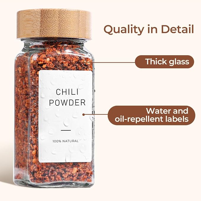 ComSaf Glass Spice Jars with with Labels 4 oz 6 Pack Small Bamboo Lids | Empty Containers, Seasoning Herb Powder, Salt Pepper Chili, Spice Rack Organization, Kitchen Cabinet Storage, Funnel Included
