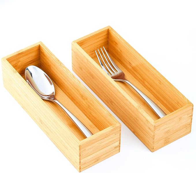 Bamboo Kitchen Drawer Organizer, Extra High Silverware Tray, Flatware Cutlery Storage Box, Multi-Use Holder in Office, Bathroom, Pantry - 9"x3"x2.5" (Set of 2)