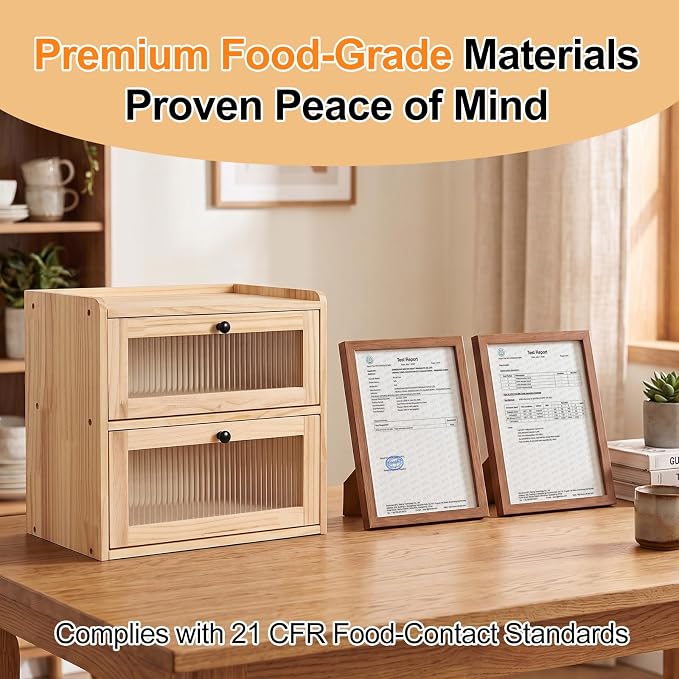 Alpeir Wooden Bread Box for Kitchen Countertop, Large Double Layer, Nature | Food-Safe Pine Wood, Double-Row Ventilation, Strong Acrylic Window, Raised Top Shelf, Easy Care, Farmhouse Corner Container