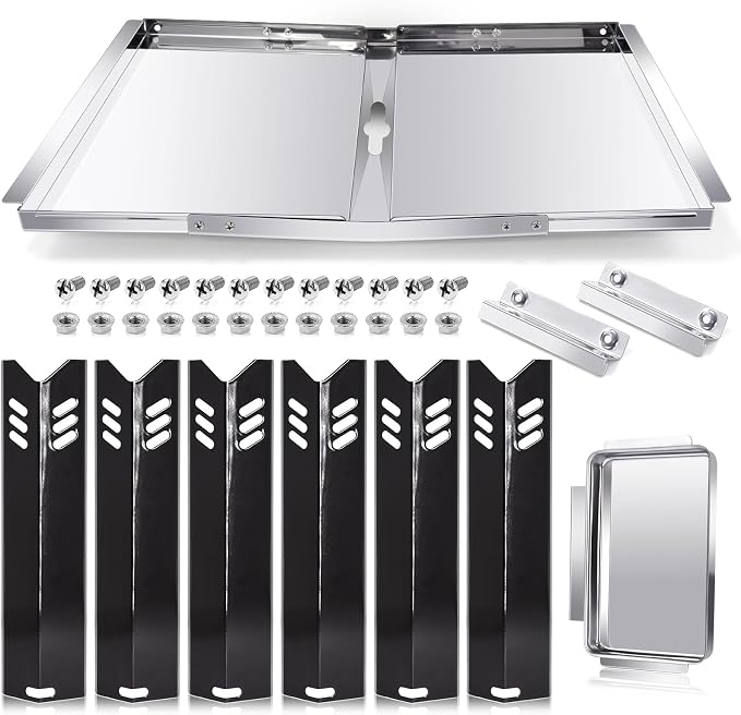 Hiorucet Grill Grease Tray Replacement Parts for Dyna Glo DGB610SSP, Adjustable 30''-36'' Gas Grill Drip Pan with Catch Pan, Heat Plate Shields for Dyna Glo 6 Burner Grill Parts.