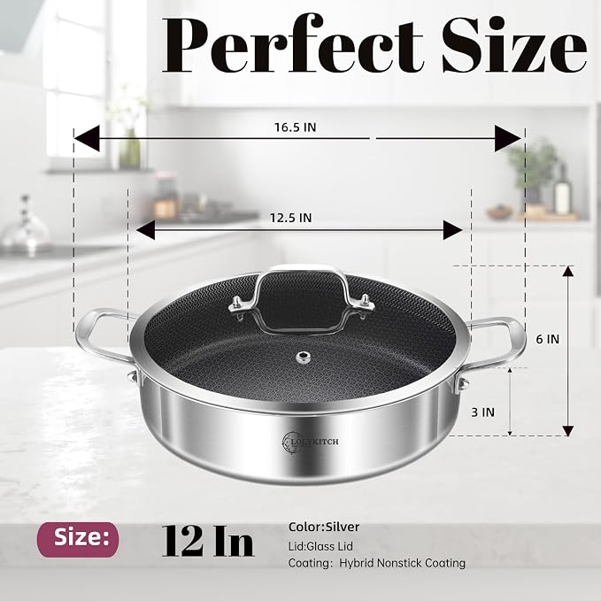 LOLYKITCH 6-Quart Deep Skillet with Lid | 12 Inch | 4-6 Servings | Hybrid Nonstick | Tri-Ply Stainless Steel | Large Frying Pan | Saute Pan | Jumbo Cooker | Oven & Induction Ready