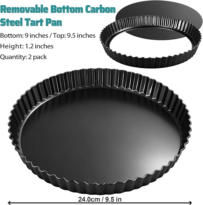 2 Pack 9 Inch Tart Pan Removable Bottom Non Stick Carbon Steel Pie Pan | Fluted Edges Tart Pans for Fruit Tarts Quiches & Pies - Round Baking Mold Bakeware for Homemade Desserts