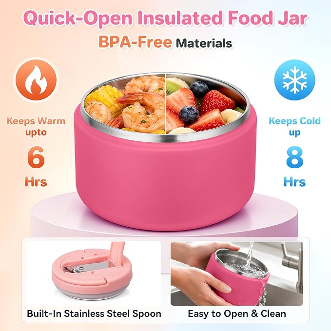 Bento Lunch Box for Kids with 8oz Soup Thermo,Kids Leakproof Lunch Food Containers with 4 Compartment,Kid Insulated Thermo Hot Food Jar for School,Trvael-Pink