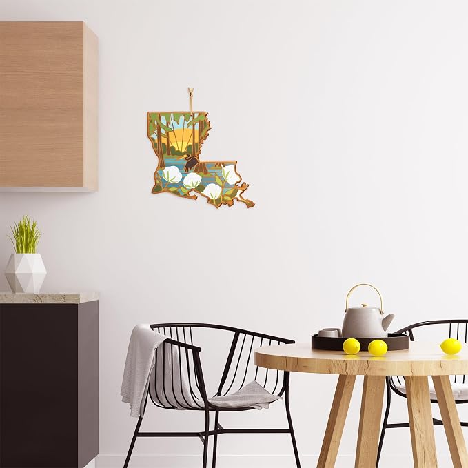 Totally Bamboo Louisiana State Shaped Cutting Board, Summer Stokes Art | State charcuterie board with colorful hand-drawn landscape art. Smooth reverse side for food prep. Hang tie for wall display.