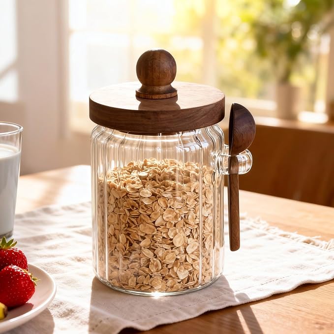 20oz Ribbed Glass Brown Sugar Bowl Wooden Lid Spoon Farmhouse Jar | Farmhouse ribbed glass canister stores coffee, tea, spice & baking goods; decorative kitchen counter food storage container