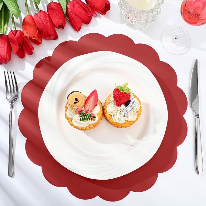 60 Pcs Red Paper Placemats, 13.5 Inch Disposable Scalloped Place Mat | Round Table Place Mats Decorative Paper for Christmas New Year Anniversay Birthday Wedding Banquet Holiday Party