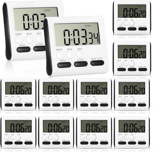 Mudder 12 Pack Digital Kitchen Timer for Cooking, Large Digits, 24 Hour Magnetic Backing Stand Kitchen Timers Clock for Classroom Kids Teachers, Loud Alarm and Large Screen (Black)