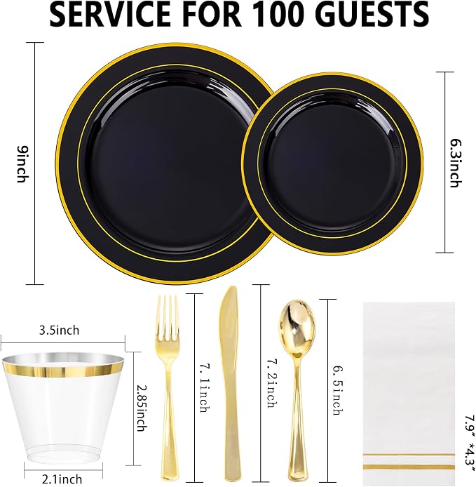 GATHER 700PCS Black Plastic Plates 100 Guest for Wedding Party Birthday | Black and Gold Disposable Plastic Dinnerware Set include 200 Plates, 300 Silverware, 100 Napkins, 100 Cups for Retirement
