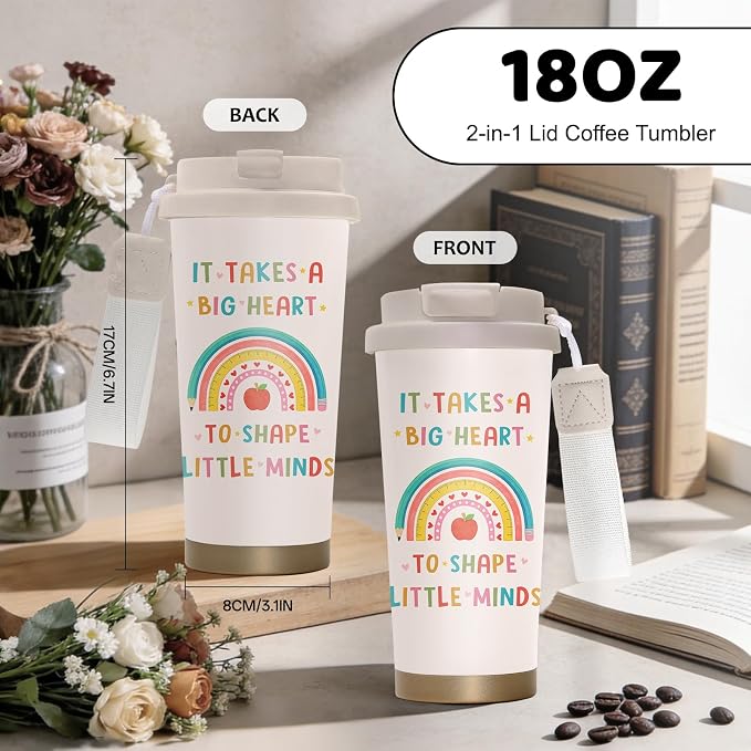 Teacher Gifts Stainless Steel 2-in-1 Lid Coffee Tumbler 18 oz Teacher Themed Insulated Travel Coffee Mug Appreciation Gift for Teacher's Day Graduation Birthday