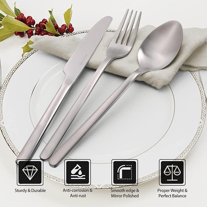 40 Piece Silverware Set, Flatware Set for 8, 18/10 Stainless Steel Cutlery Set Mirror Polished Modern Design Dishwasher Safe, Matte Silver