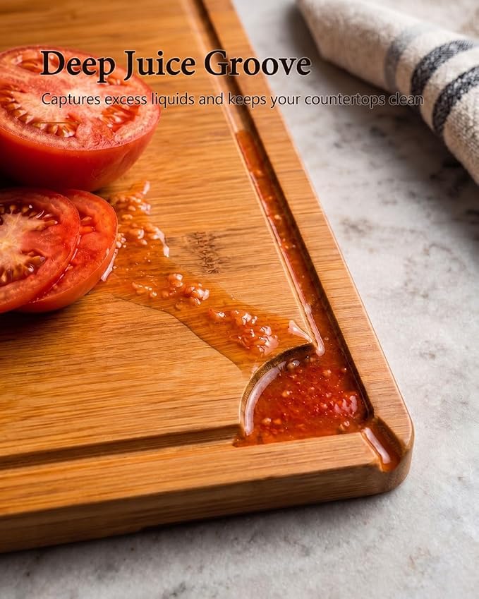 Cutting Boards for Kitchen, Wooden Chopping Board for Meat, Vegetables and Fruit, 18" x 12" XL Deep Carbonized Bamboo Board for Meal Prep, Serving, Daily Cooking and Kitchen Counter