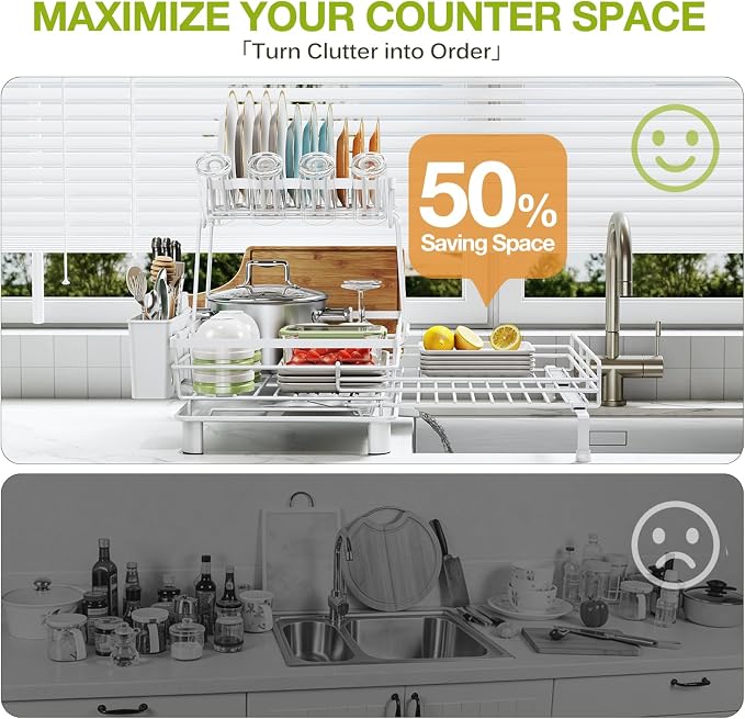 2-Tier Expandable Dish Drying Rack for Kitchen Counter, White | Large Capacity Dish Rack Organization, Heavy-Duty Carbon Steel, 17 lbs Capacity, Swivel Drain Spout & Cup Hooks