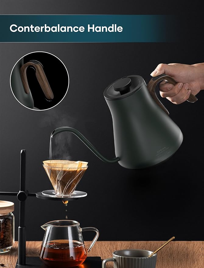 INTASTING Gooseneck Electric Kettle with ±1℉ Temperature Control 0.9 Liter | 1500W Quick Heating, Stainless Steel Inner, Pour Over Coffee & Tea, Keep Warm, Auto Shut-Off, Built-in Brew Timer, Green