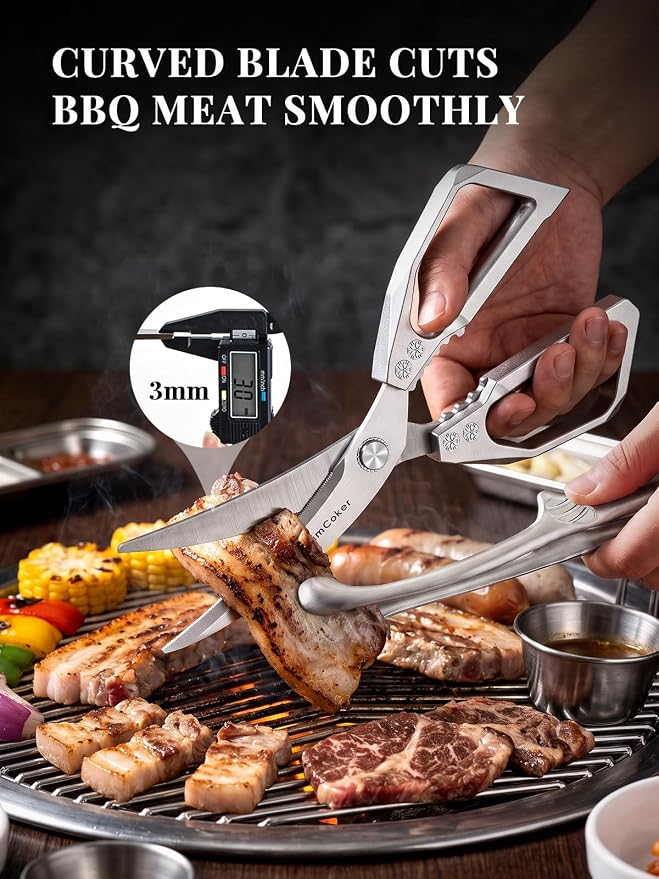 Korean BBQ Scissors Set with Tongs for Table-Side Meat Cutting & Sharing | Curved stainless steel scissors with a serrated inner edge and matching tongs for cooked meat; dishwasher safe