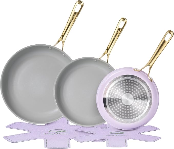 Ceramic Frying Pan with Stainless Steel handle 5Pcs Set, Non Stick Grill Pan Set, Dishwasher and Oven Safe, Light Purple and Granite Grey