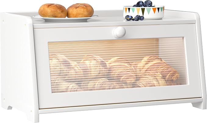 Bread Box for Kitchen Countertop, Vintage Wooden Counter Breadbox, Bamboo Bread Storage Container Bin for Homemade Bread, Small Farmhouse Corner Breadbox Organizer with Acrylic Window, White
