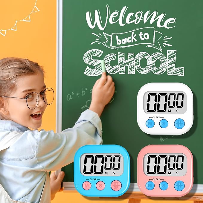 ZILLEEN Digital Kitchen Classroom Timers for Kids Cooking 12pcs Wht Blu Pk | Strong Magnetic, Large Screen, Big Button, Count Up/Down, Loud Alarm, Teacher Classroom Must Haves Supplies