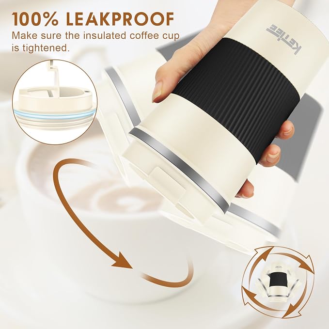 KETIEE 12oz Travel Mug: Vacuum Insulated Coffee Cup with Leakproof Lid, Travel Coffee Mug Stainless Steel Double Walled Reusable Coffee Cup for Hot and Cold Water Tea (Beige)