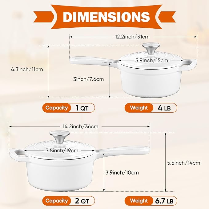 Homikit 1 QT & 2 QT Saucepan Set, Enameled Cast Iron Saucepan with Lid for All Cooktops, Small Pot Mini Dutch Oven for Kitchen Cooking, Boiling, Nonstick & Heavy Duty, White