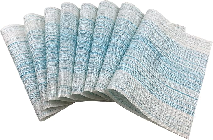 WAZAIGUR Placemats Set of 8, Woven Vinyl Table Placemats, Blue with White | Placemat, Blending Color Durable Washable Place Mats Indoor Outdoor Heat-Resistant Anti-Skid Kitchen Dining Table Mats