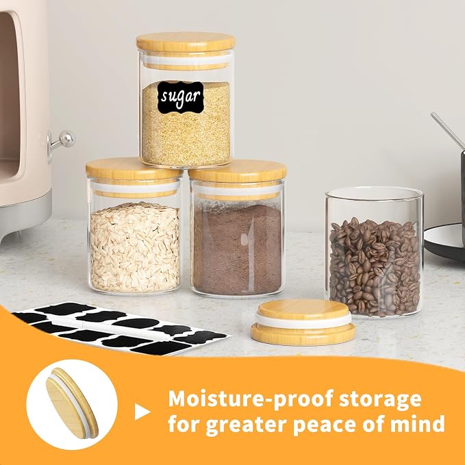 15Pcs 6oz Glass Spice Jars, Airtight Bamboo Lid Containers with Labels | Moisture-Proof Sealing, Clear Visible Body, Space-Saving Compact Shape, Multi-Scenario Application, Easy Marking Design