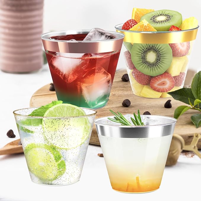 Byvivace [200 Pack 9oz Plastic Cups with Gold Glitter Sturdy & Food Safe Plastic Wine Glasses Disposable Cups Party Wedding Cups Cocktail Glasses for Wine, Juice & Cold Beverages