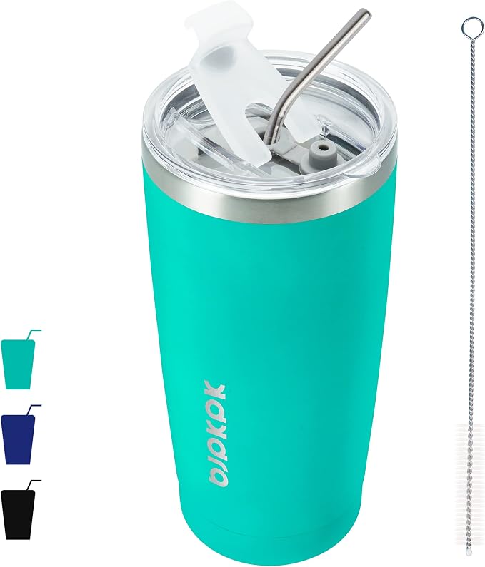 BJPKPK 20 oz Coffee Tumbler with Lid, Straw, Insulated Stainless Steel Mug | Double Wall Vacuum, Keeps Hot/Cold, BPA Free, Leak Proof, Iced Coffee Cup Fit Car Holder, Travel & Beach Ready, Turquoise