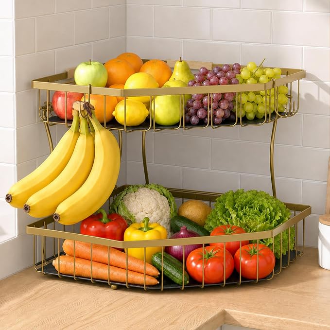 2 Tier Fruit Basket for Kitchen Counter with 2 Banana Hangers for Corner | Detachable Metal Fruit Bowl with Wooden Handle, Large Capacity Fruit Stand for Bread Fruit and Vegetable Storage, Gold
