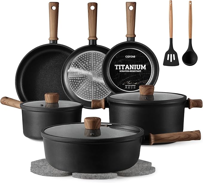 CAROTE 16pcs Pots and Pans Set, Nonstick Cookware Sets | Titanium Reinforced Coating, Scratch-Resistant, Easy to Clean, Even Heating, Induction Compatible, with Frying Pans Set