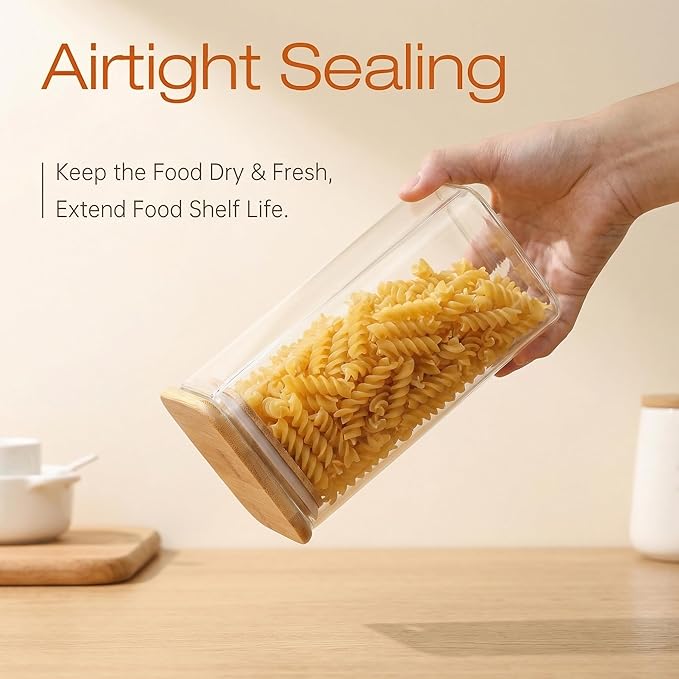 27oz Square Glass Food Storage Containers with Airtight Bamboo Lids, 4 Pack | Pantry Jars for Flour, Sugar, Pasta & Spices, Durable Borosilicate Glass Canister Keep Food Dry & Fresh, Easy to Fill & Clean