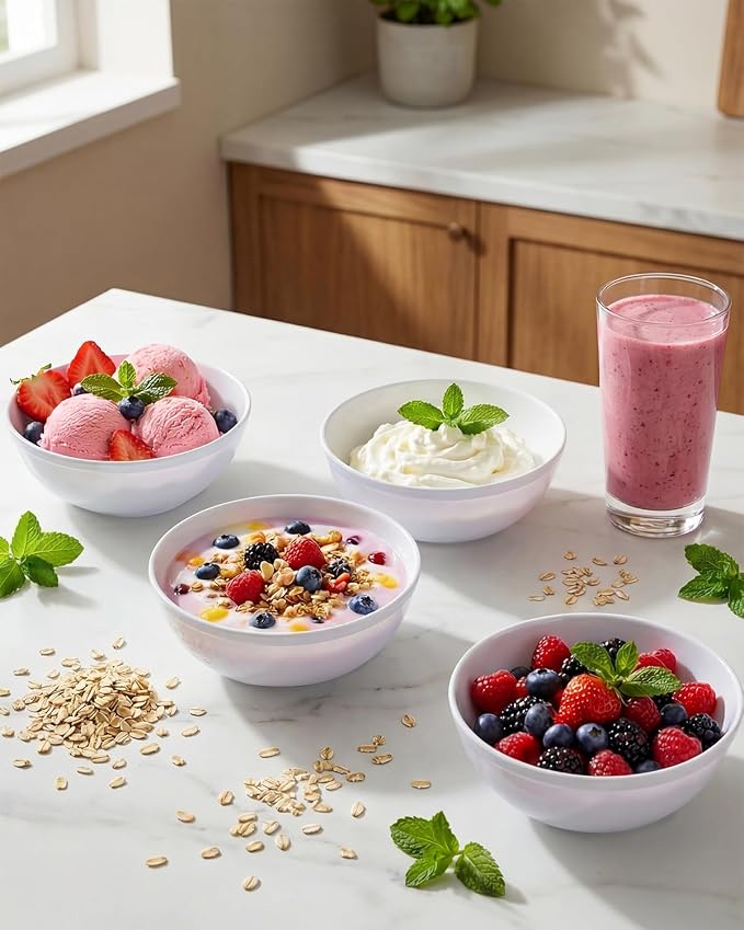 bUCLA 50 Pack White Plastic Serving Bowls - 24oz Disposable Bowls for Salad, Cereal, Dessert, Fruit & Chip - Ideal for Wedding & Party