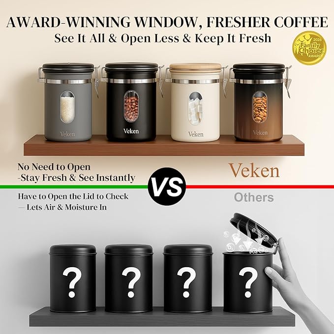Veken Coffee Canister with Window, Airtight Stainless Steel Container, 22OZ | Kitchen Food Storage Pantry Organizers for Beans,Ground,Espresso,Rice,Tea,Sugar,Bar Accessories,Gifts,Lids,Jars, Scoop,Copper