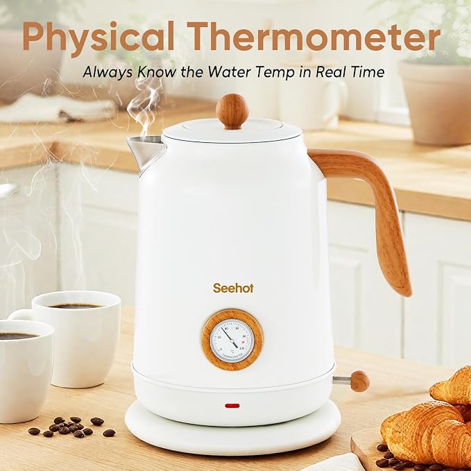 Seehot® Electric Kettle With Thermometer, 1.7L 1200W, White | Auto shutoff, boil-dry protection,water-contact stainless steel, cordless base for coffee and tea