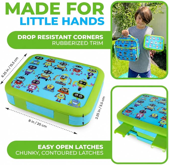 kinsho Bento Lunch Box and Insulated Bag, Water Bottle & Ice Pack Set for Kids Toddlers, 4 Portion Sections, Removable Tray, Pre - School Kid Toddler Daycare, Snack Container, Robot